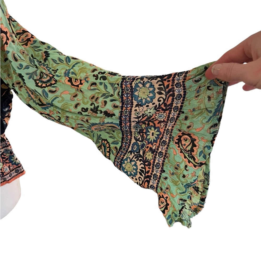 Free People Floral Paisley Wrap Blouse - Green Navy Peach - Picture 6 of 12